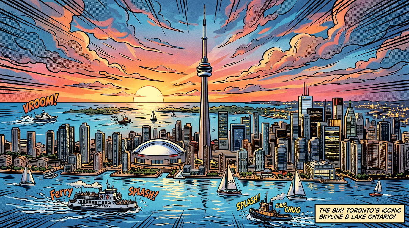 Toronto skyline with CN Tower, Rogers Centre, sailboats, ferry, and sunset over Lake Ontario