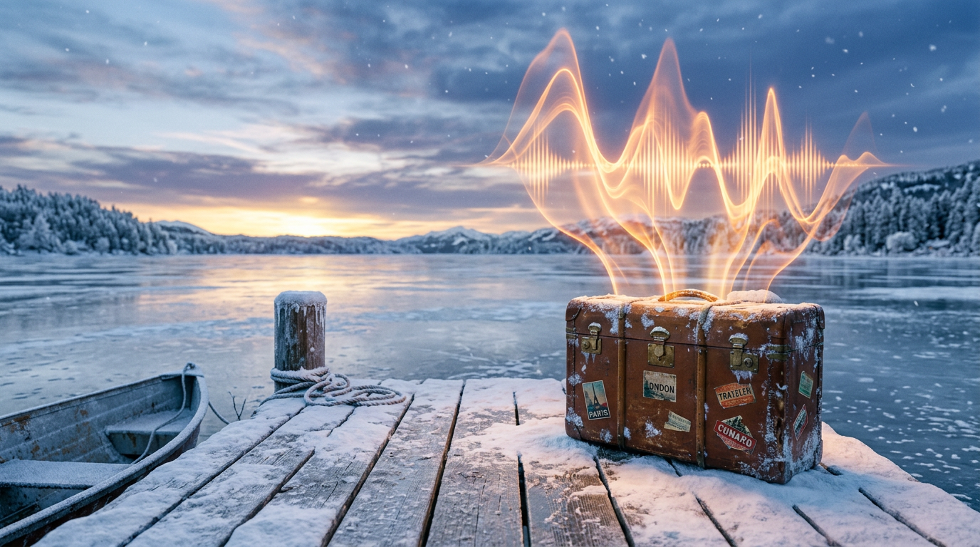 Vintage suitcase with travel stickers emitting glowing soundwaves on wooden dock by lake at sunset