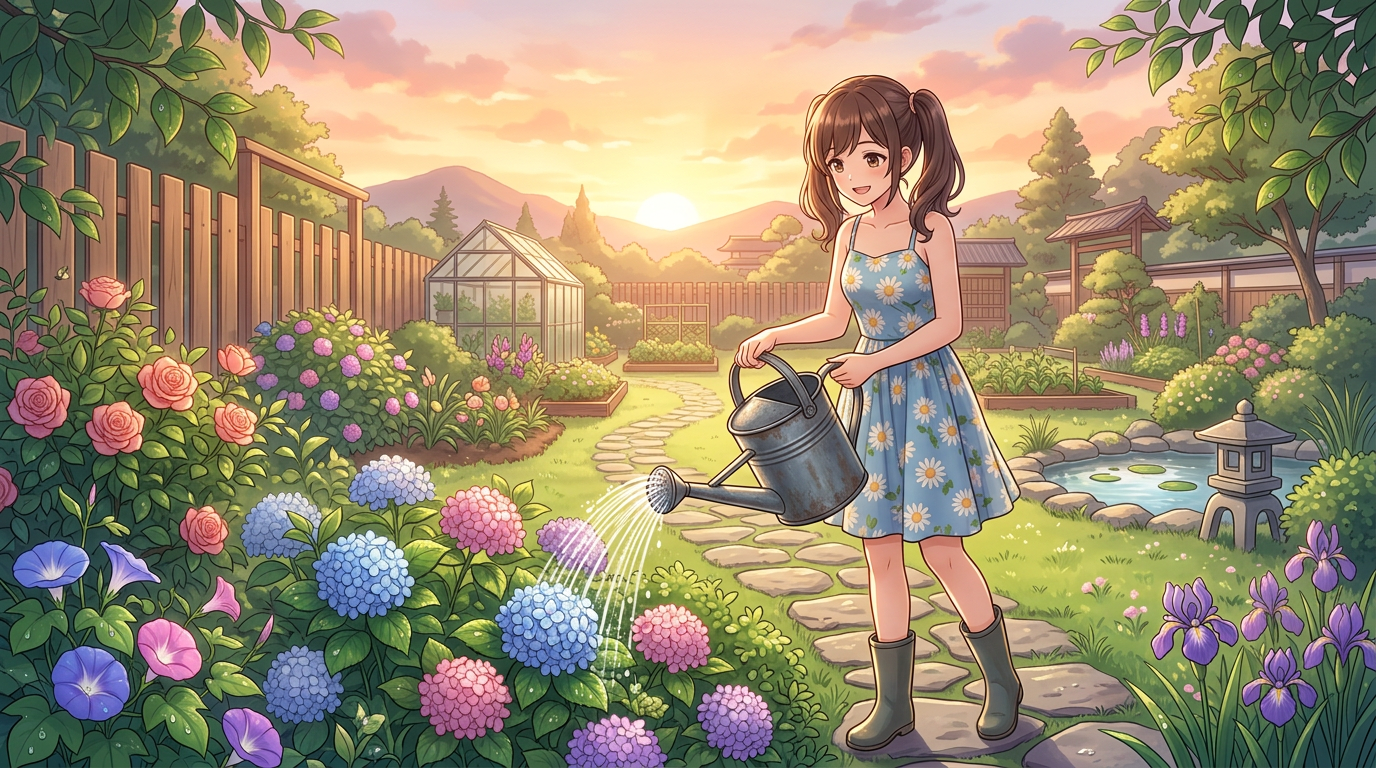 Girl watering pink and blue hydrangeas with a metal watering can at sunset in a lush garden