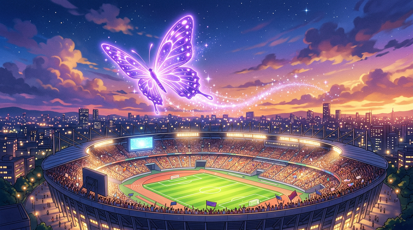 A glowing purple butterfly flying above a crowded sports stadium at sunset with city lights in the background