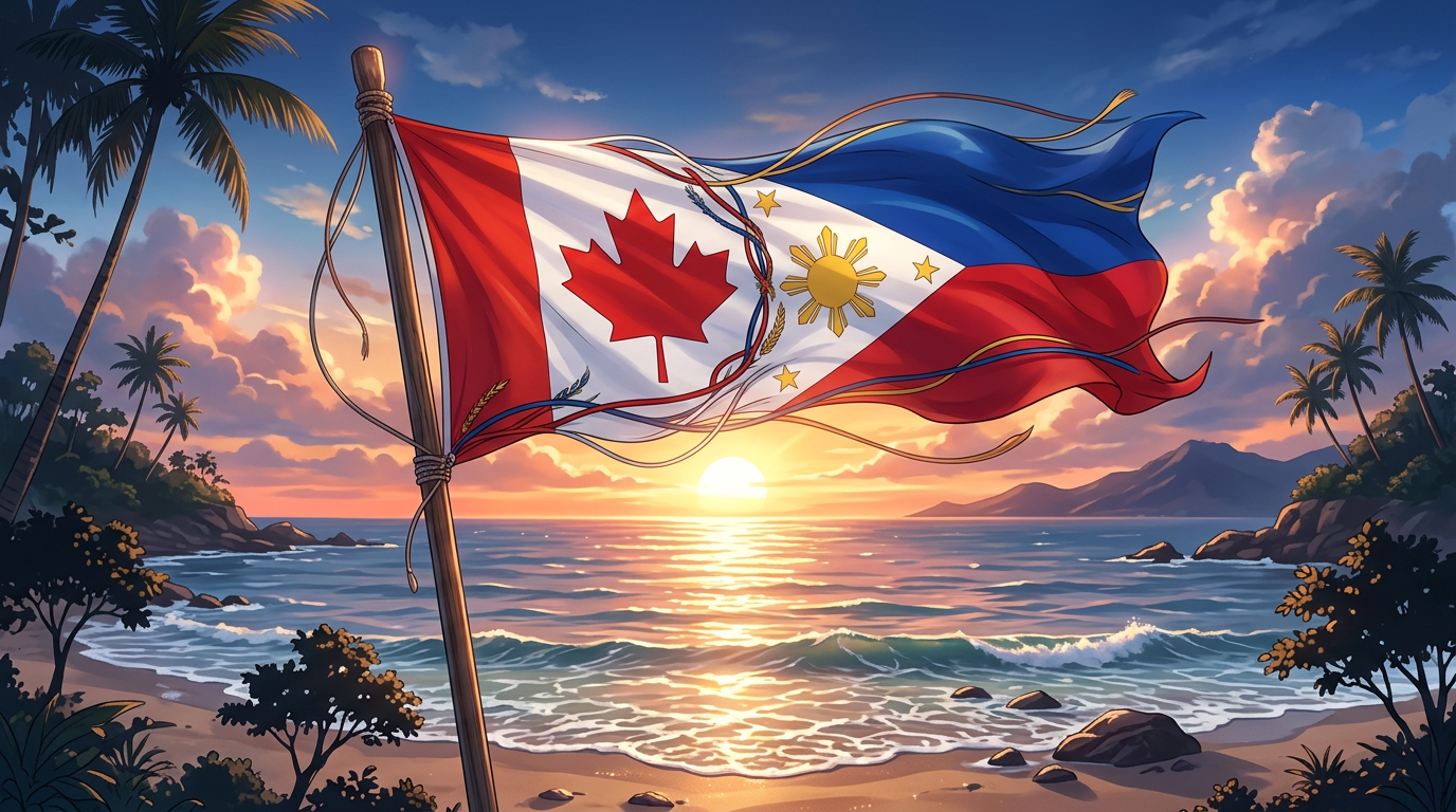 Flag combining Canada and the Philippines fluttering at sunset over a tropical beach