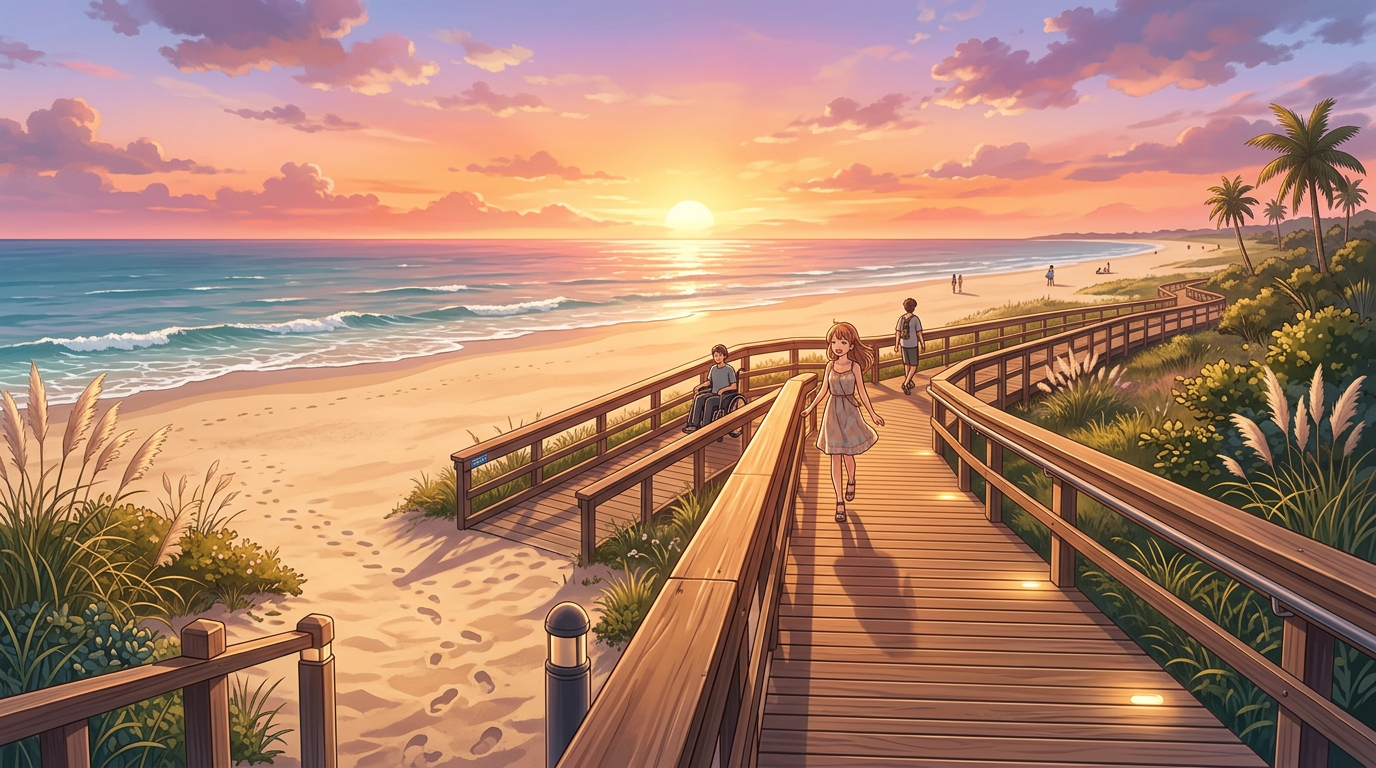 Sunset beach boardwalk with people walking and a person in a wheelchair