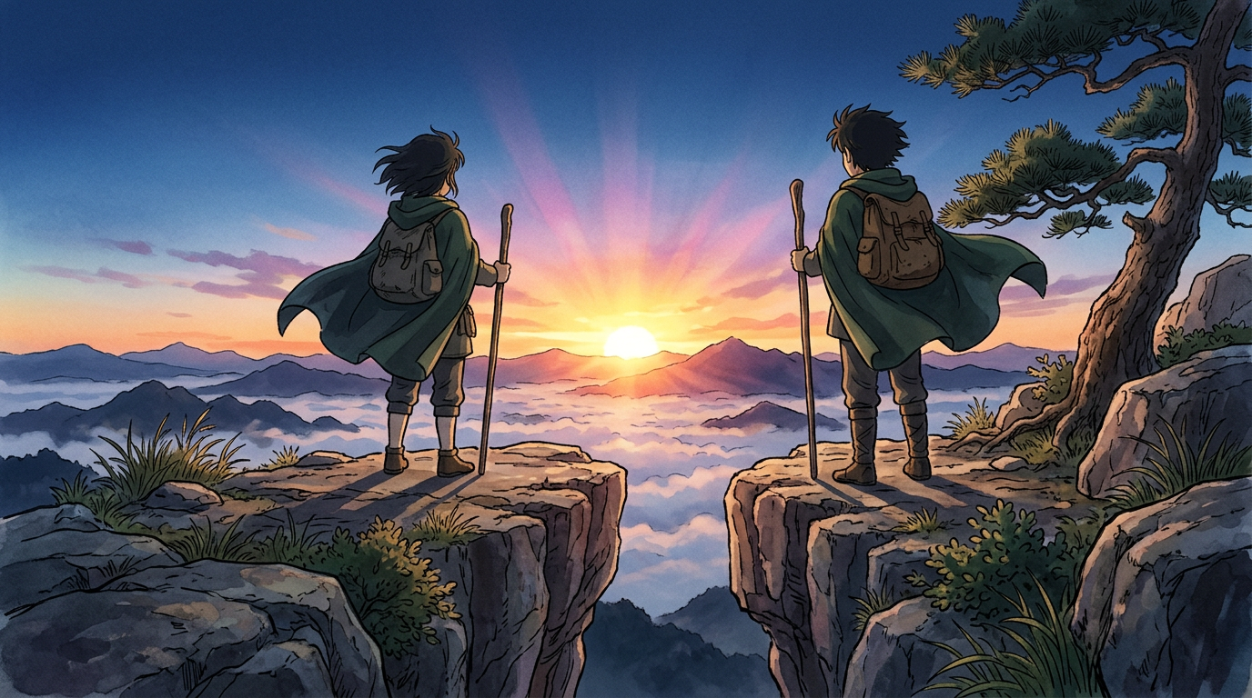 Two travelers in cloaks with backpacks holding walking sticks standing on separate cliffs looking at sunrise