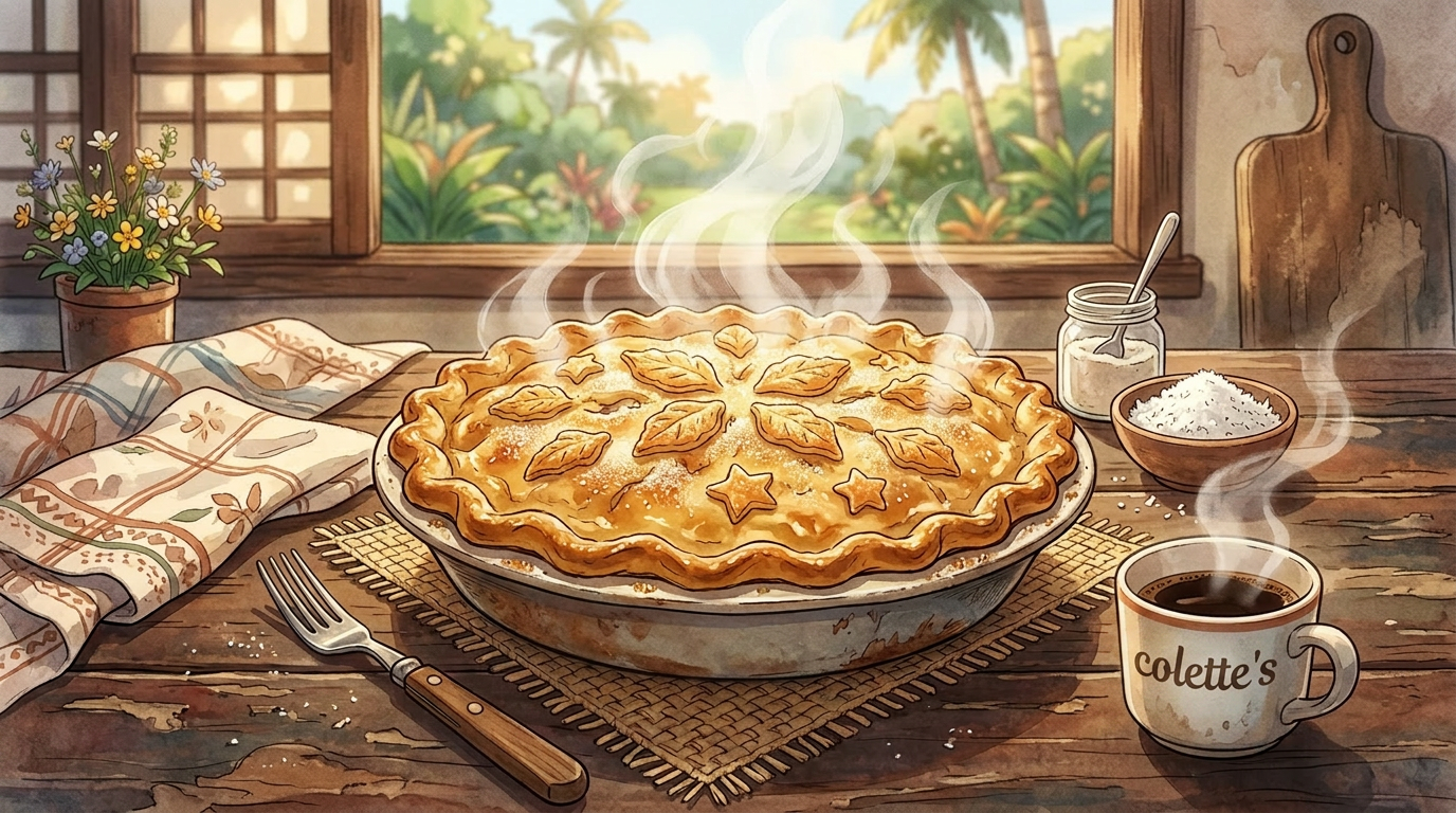 Steaming freshly baked pie with leaf and star decorations on wooden table with coffee cup and flowers