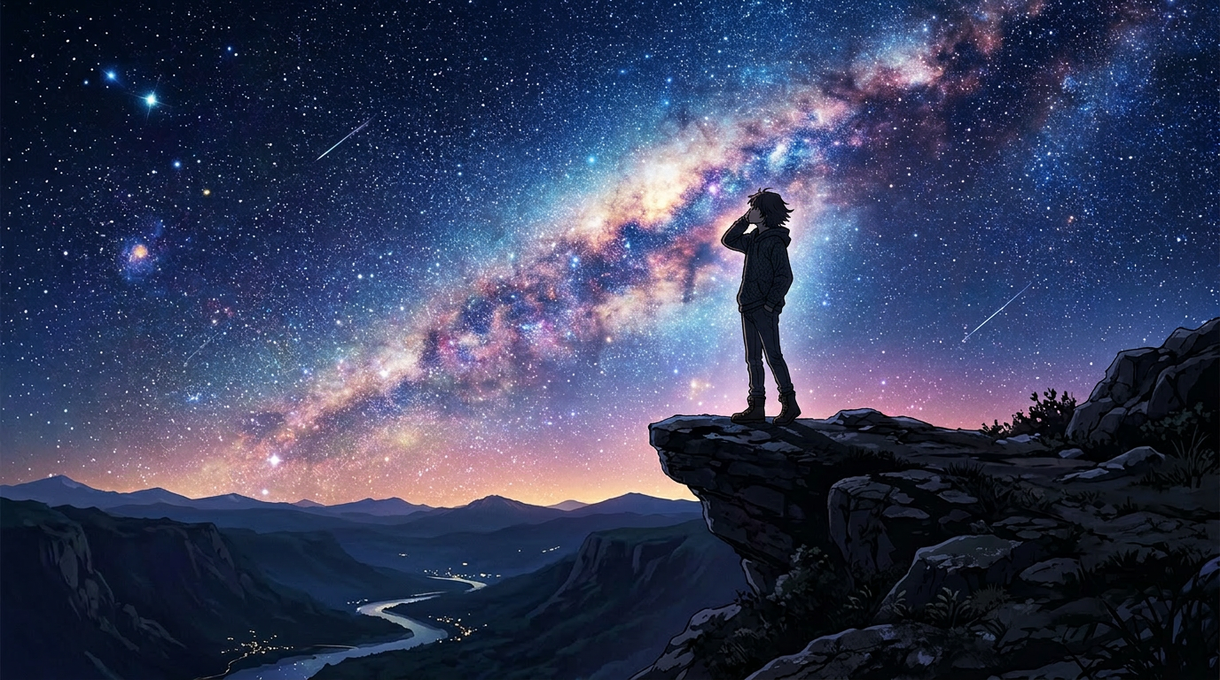 Silhouette of person on rocky cliff under starry night sky with Milky Way