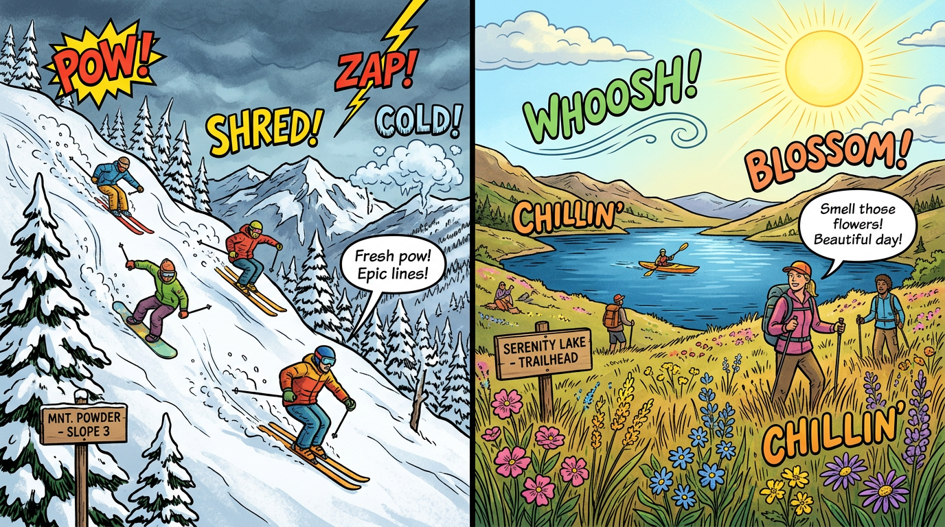 Split image: skiers on snowy mountain slope and hikers near a lake with flowers and sunshine