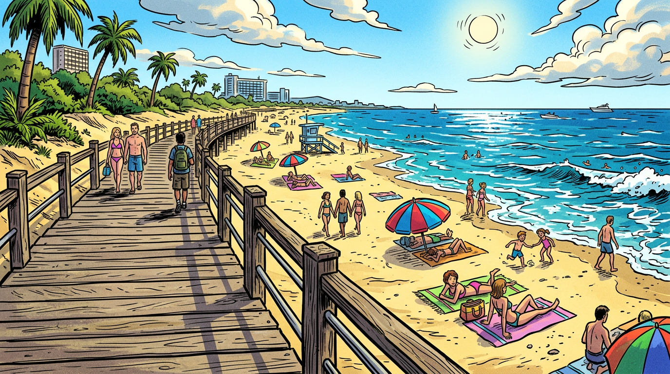 People walking on a wooden boardwalk next to a sunny beach with umbrellas and ocean waves