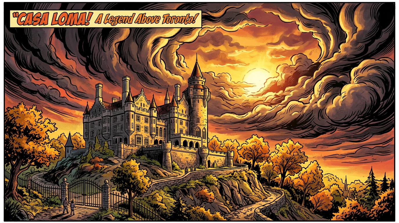 Illustration of Casa Loma castle on a hill with dramatic orange and yellow sunset and swirling clouds.