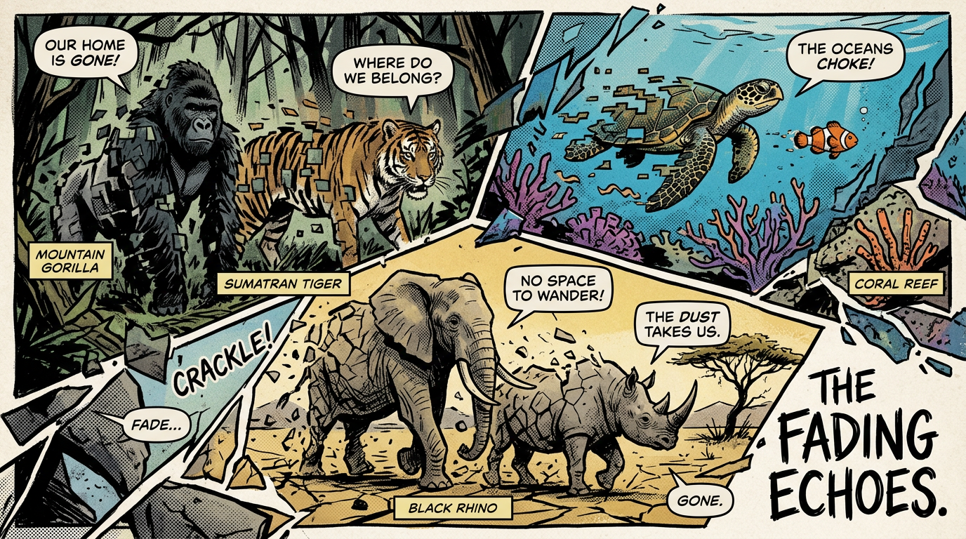 Mountain gorilla, Sumatran tiger, coral reef turtle and clownfish, black rhino fading away