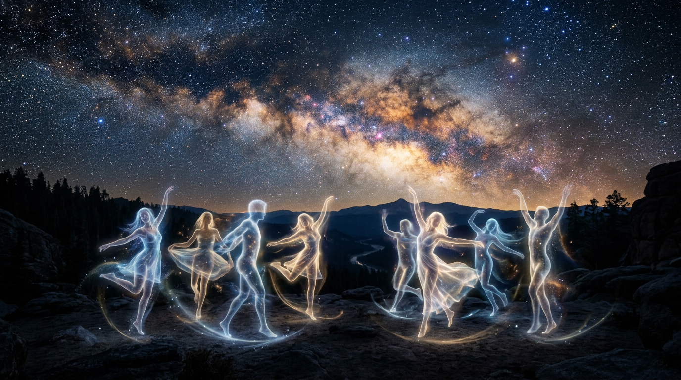 Glowing translucent figures dancing on rocky terrain beneath the Milky Way galaxy at night