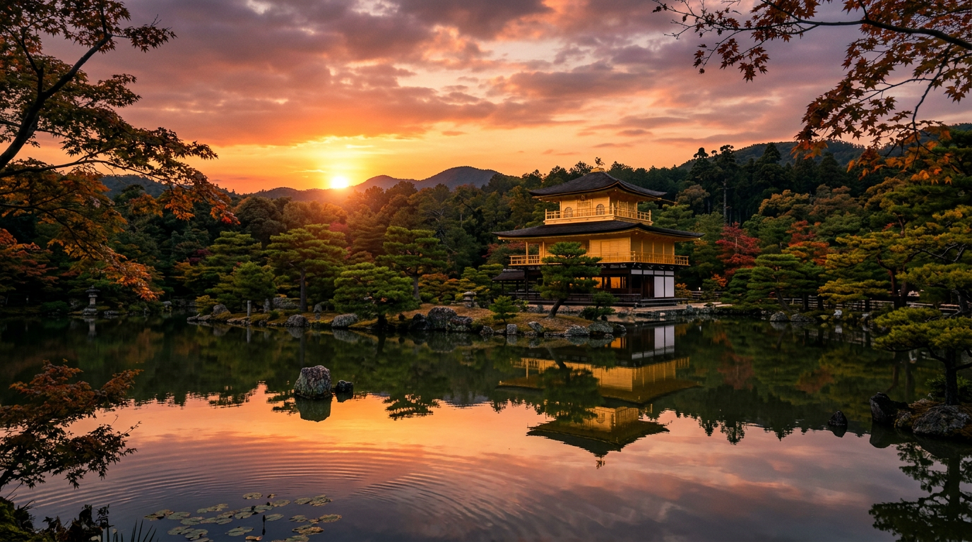 Golden Pavilion temple reflected in pond at sunset surrounded by trees
