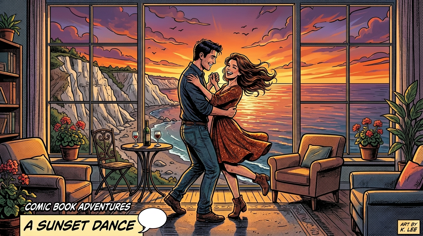 Couple dancing on balcony at sunset with city skyline and wine glasses on table