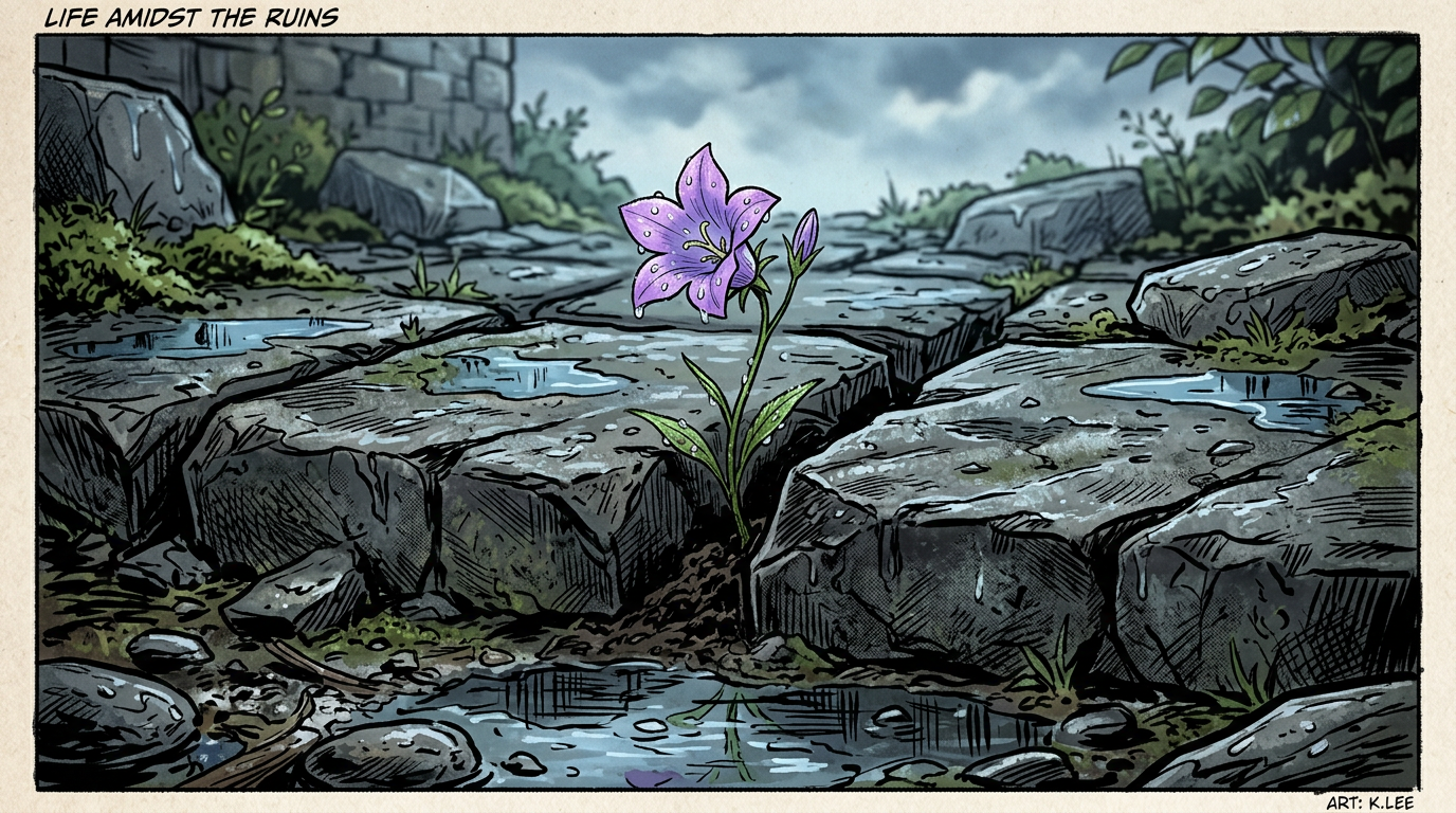 Purple flower growing between rain-soaked stones among ancient ruins