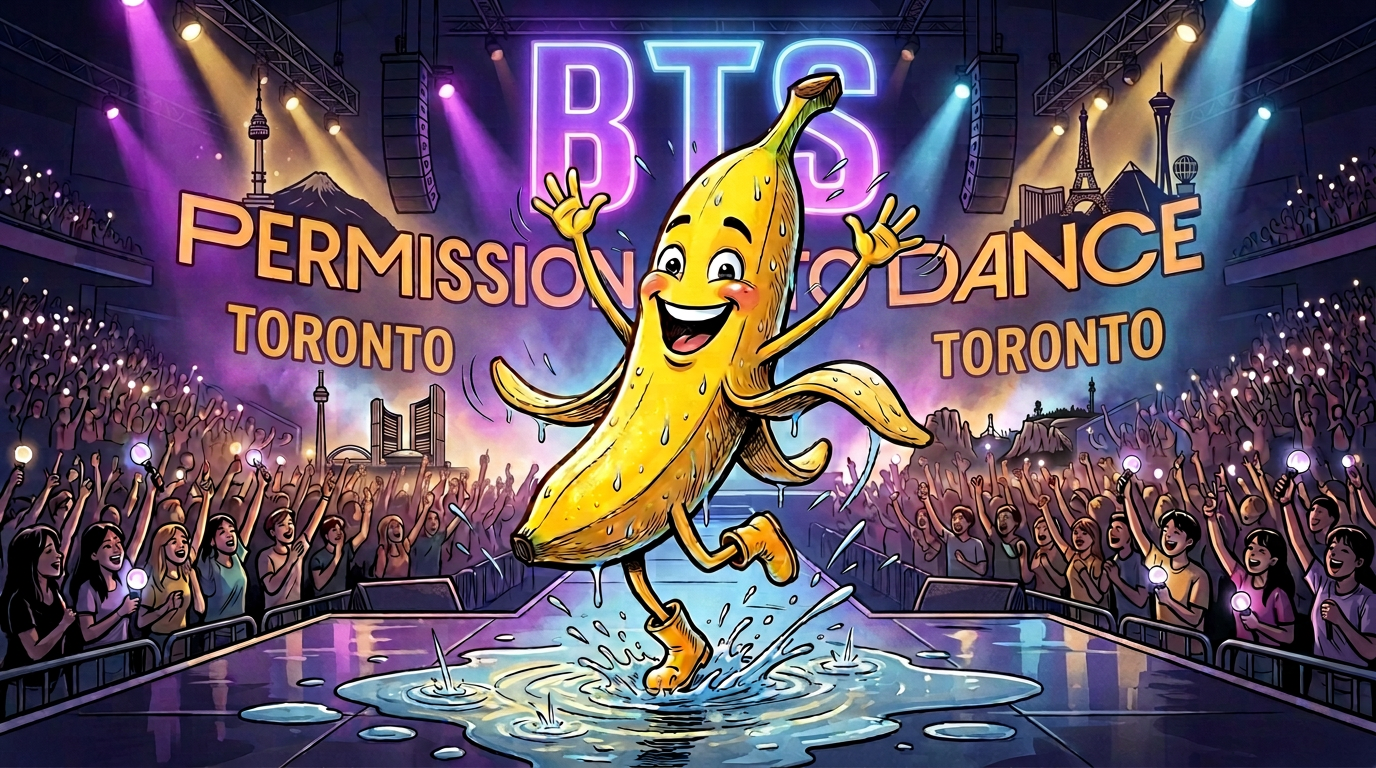 Animated banana splashing in a rainy park with text “JOY!”, “YAY!”, “SPLASH!”, and “PLOP!”