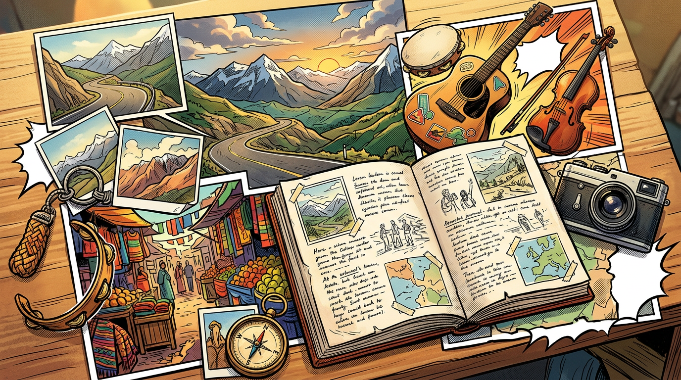 Travel collage with mountains, market, instruments, camera, compass, and journal
