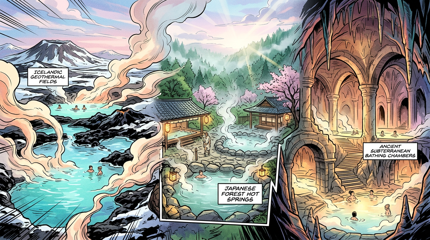 Illustrated geothermal baths in Iceland, Japan, and ancient underground chambers