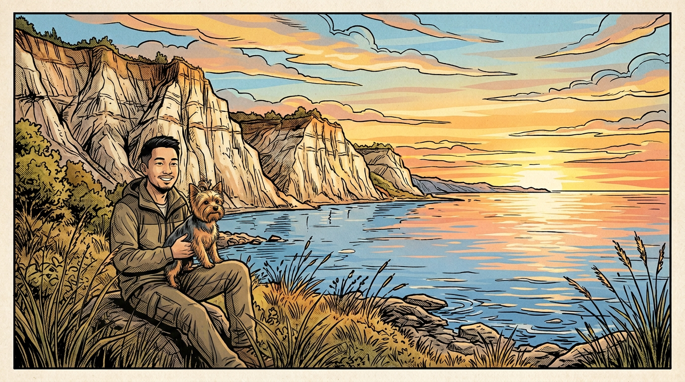 Illustrated coastal cliffs and calm water beneath a colorful sunset sky