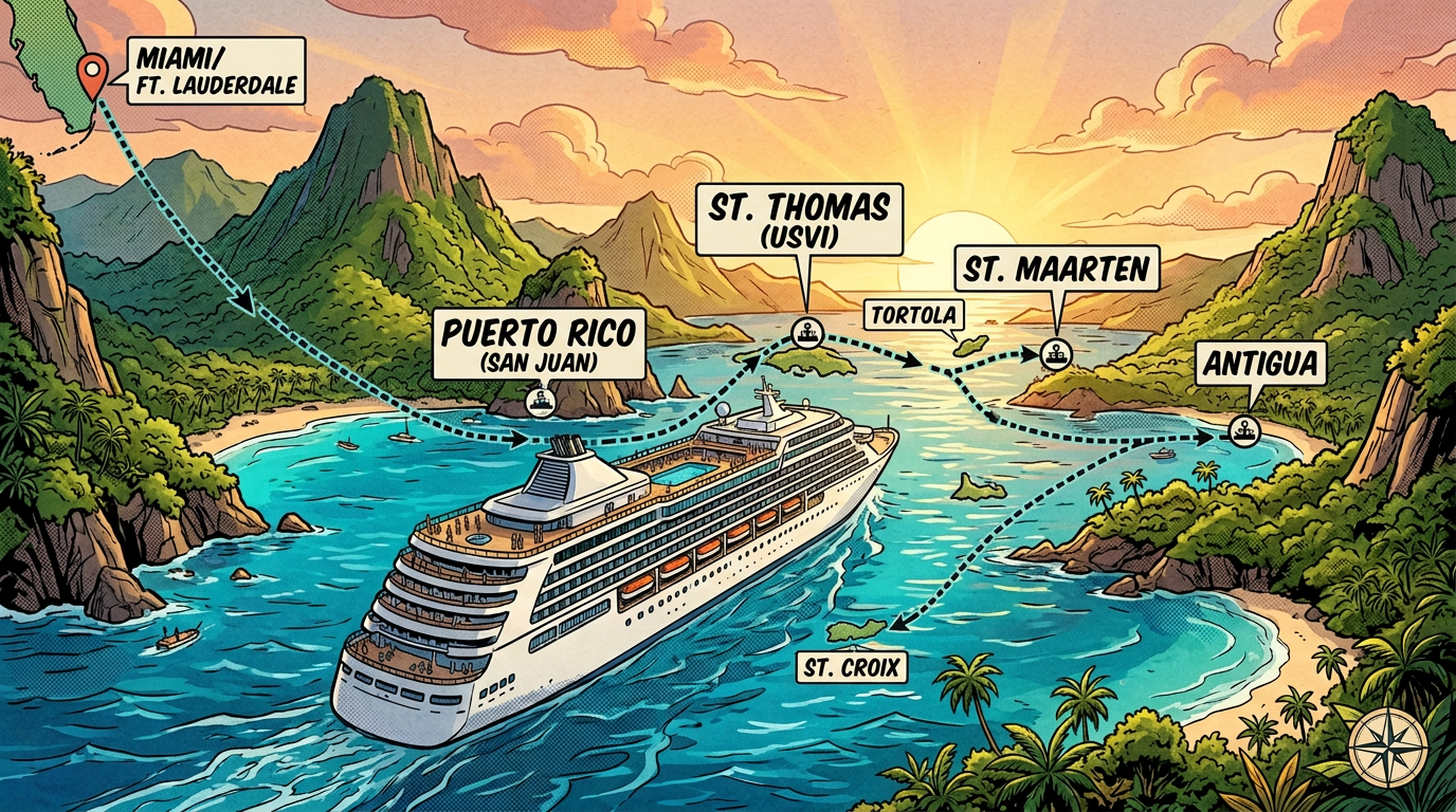 Cruise ship sailing through turquoise tropical waters at sunset